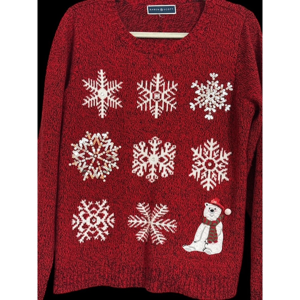Karen Scott Red Knit Christmas snowflake rhinestone polar bear sweater Large - Picture 2 of 4